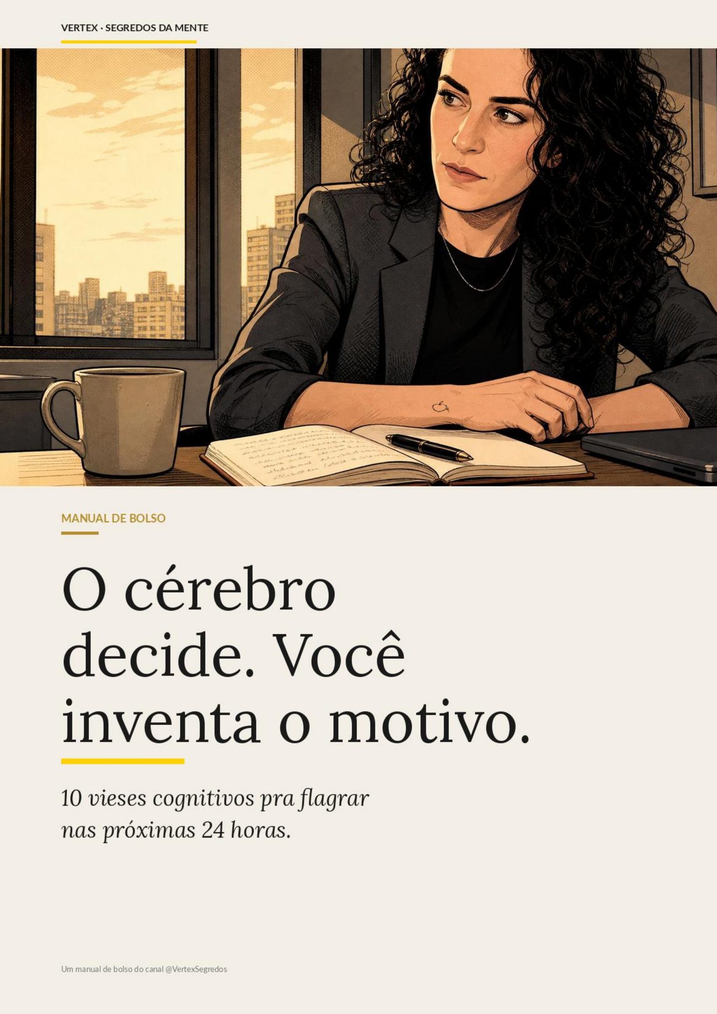 Capa do Manual de Bolso — Marina em escritório, título 'O cérebro decide. Você inventa o motivo.'